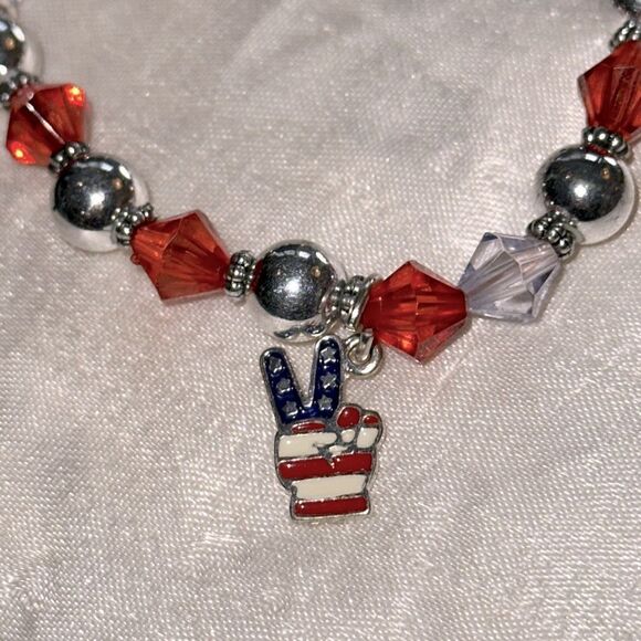 Red, White, Blue & Silver Patriotic Charm Stretch Beaded Bracelet - Picture 5 of 7